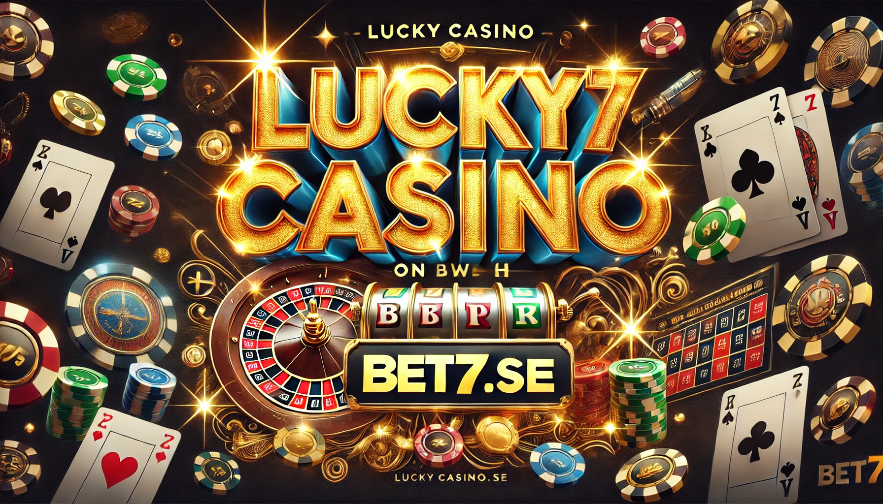 DALL·E 2025-01-16 16.42.40 – A captivating promotional banner for an online casino experience at Bet7.se, featuring the text ’Lucky Casino on Bet7.se’ in bold, glittering gold let